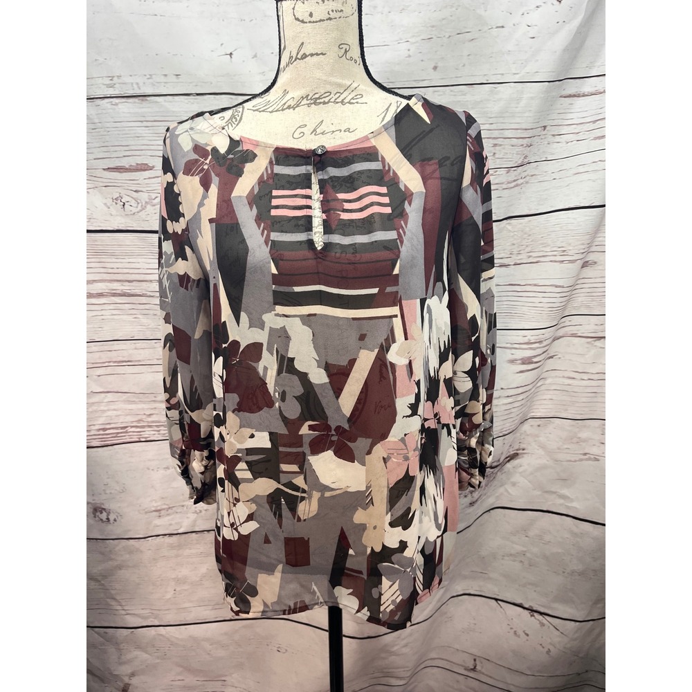 Jennifer Lopez Women Abstract Floral Geometric Chiffon Blouse Burgundy Grey M